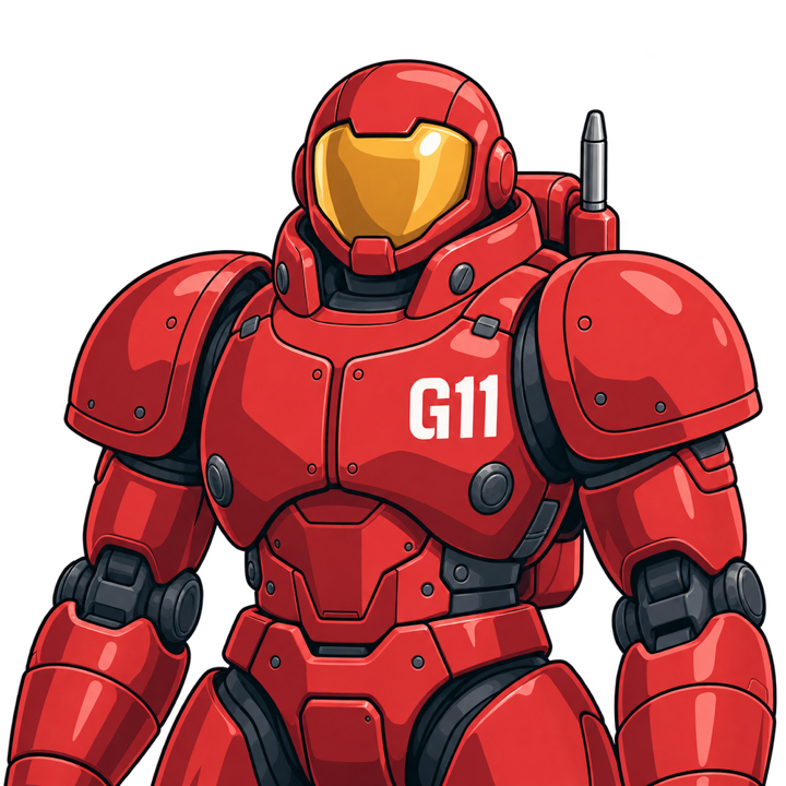 GANCHAN 11号（赤い装甲に金色の顔面、胸にG11のロボット）