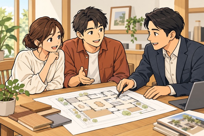 家族と設計担当が、図面を囲んで打ち合わせしている様子（イラスト）