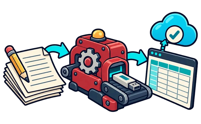 手書きの書類が機械を通り、クラウド上の表計算データに置き換わるイラスト