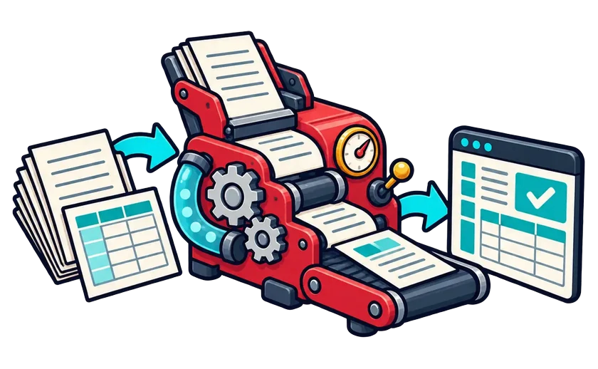 書類や表のデータが機械で処理され、使いやすいツール画面に変わるイラスト