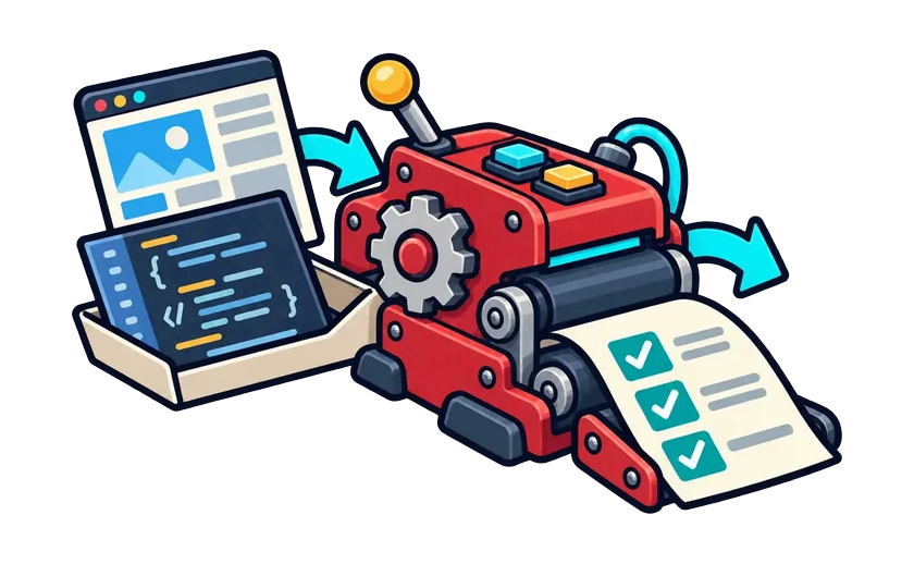 Webページのデザインとコードが機械を通り、チェック済みのリストになるイラスト